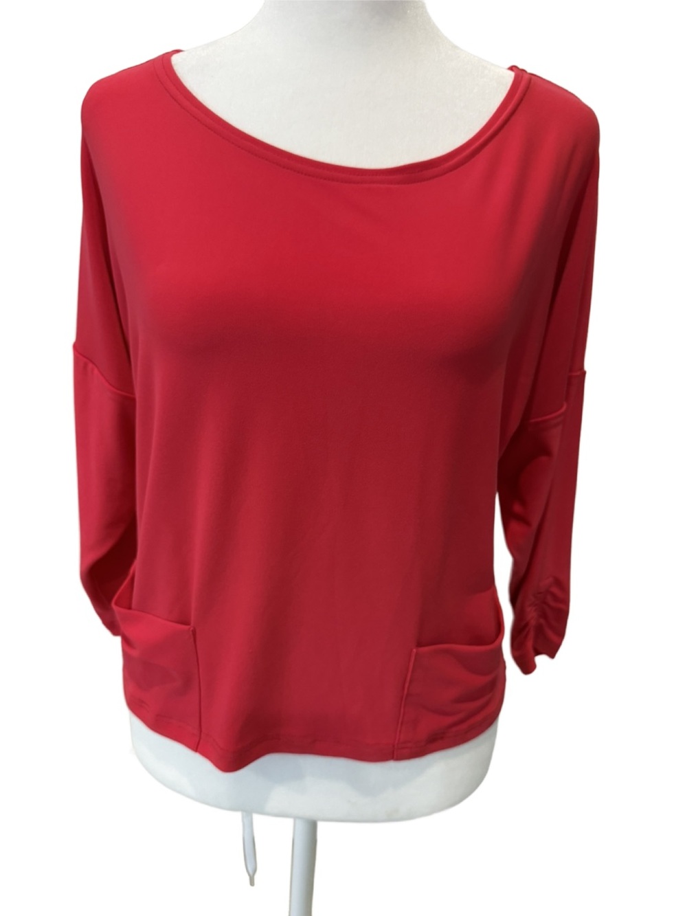 Sympli Red Scoop-Neck Long Sleeve Top with Front Pockets. 2